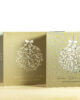 PALUXA_Florale_Weihnachtskugel_Varianten_stehend.jpg Drei Farbvarianten PALUXA Lasercut-Weihnachtskarte mit Floraler Weihnachtskugel, stehend, in Farben Brownsilver, Gold, Silber.